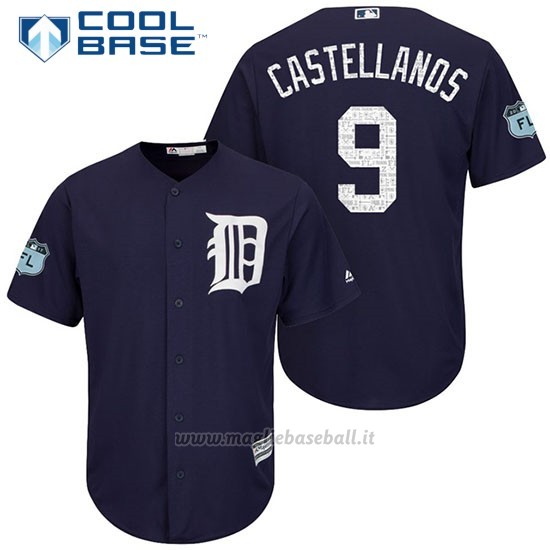 Maglia Baseball Uomo Detroit Tigers Nick Castellanos 9 Blu 2017 Allenamento Primaverile Cool Base Giocatore